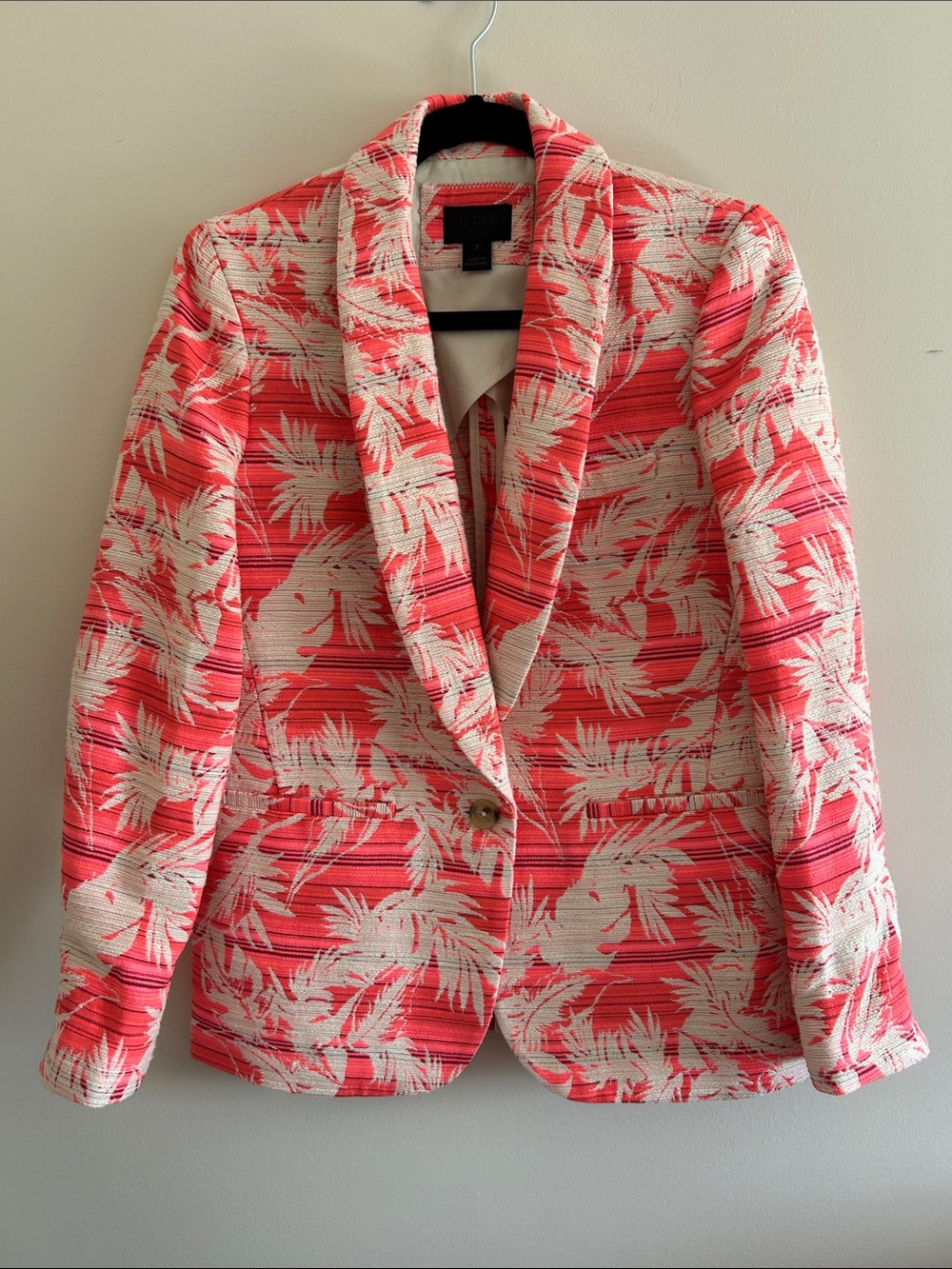 J. Crew Neon Coral and Cream Floral Textured Single-Button Blazer